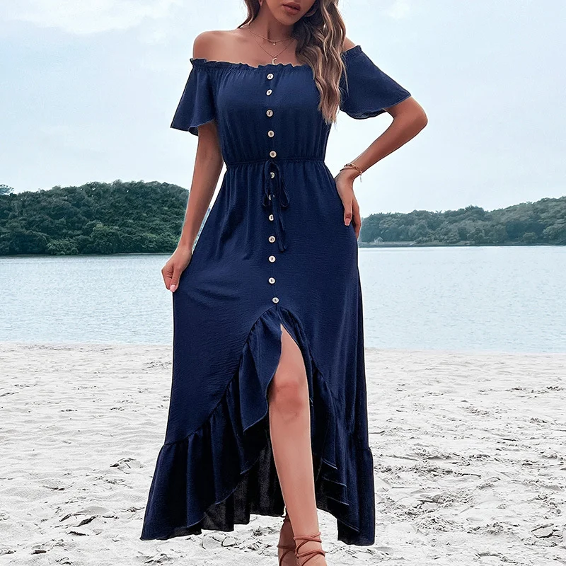 

Summer Chiffon Maxi New Solid Off Shoulder Skirt Ruffle Irregular Blue Women Sexy Bodycon Party Long Beach Dress With Lace