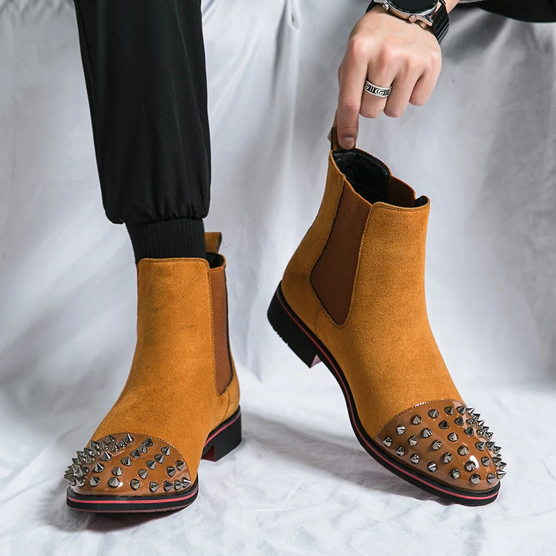 

Мужские замшевые ботинки челси с заклепками и стальным носком, Модные ботильоны, изящные ковбойские ботинки, роскошная дизайнерская обувь с острым носком