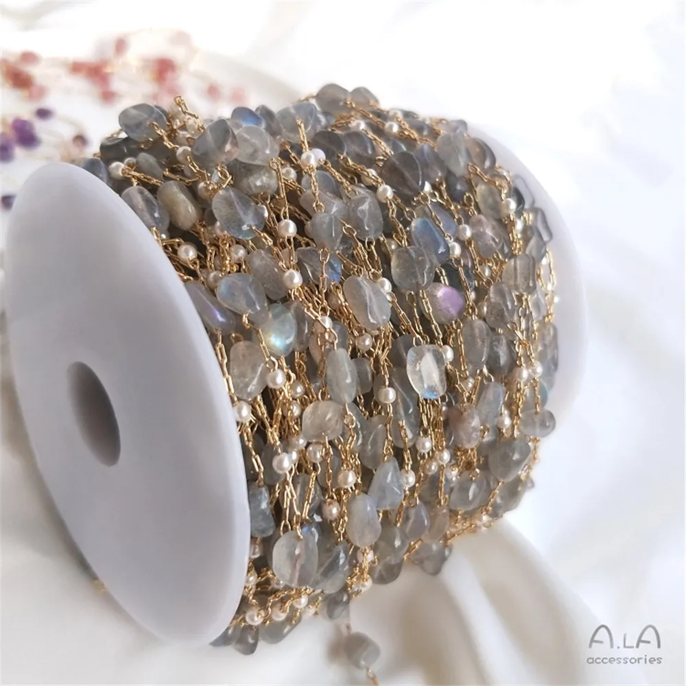 14K Gold Filled Plated Handmade chain Strawberry crystal pull feldspar amethyst rectangular chain DIY bracelet accessories