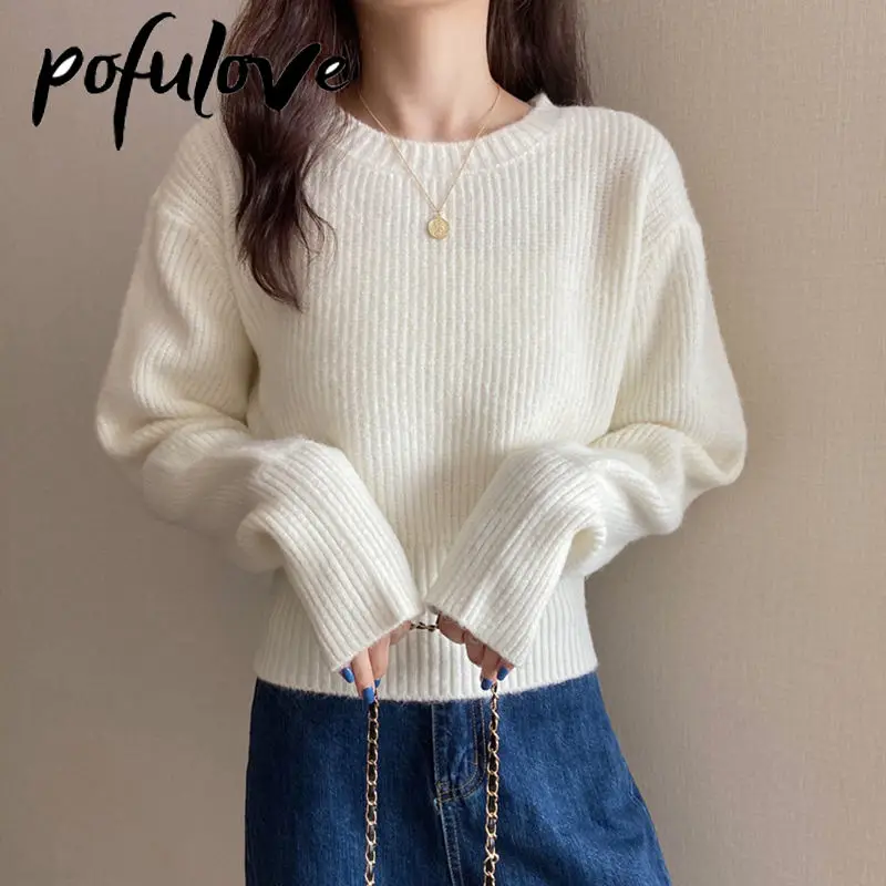 

Свитер женский однотонный с круглым вырезом, длинный блестящий белый пуловер в винтажном стиле, джемпер на осень и зиму