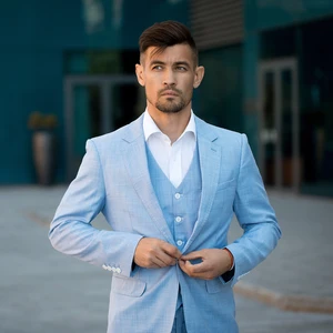 Мужской костюм TIAN QIONG, небесно-голубой облегающий костюм из 100% полиэстера для работы и свадьбы, 3 шт.