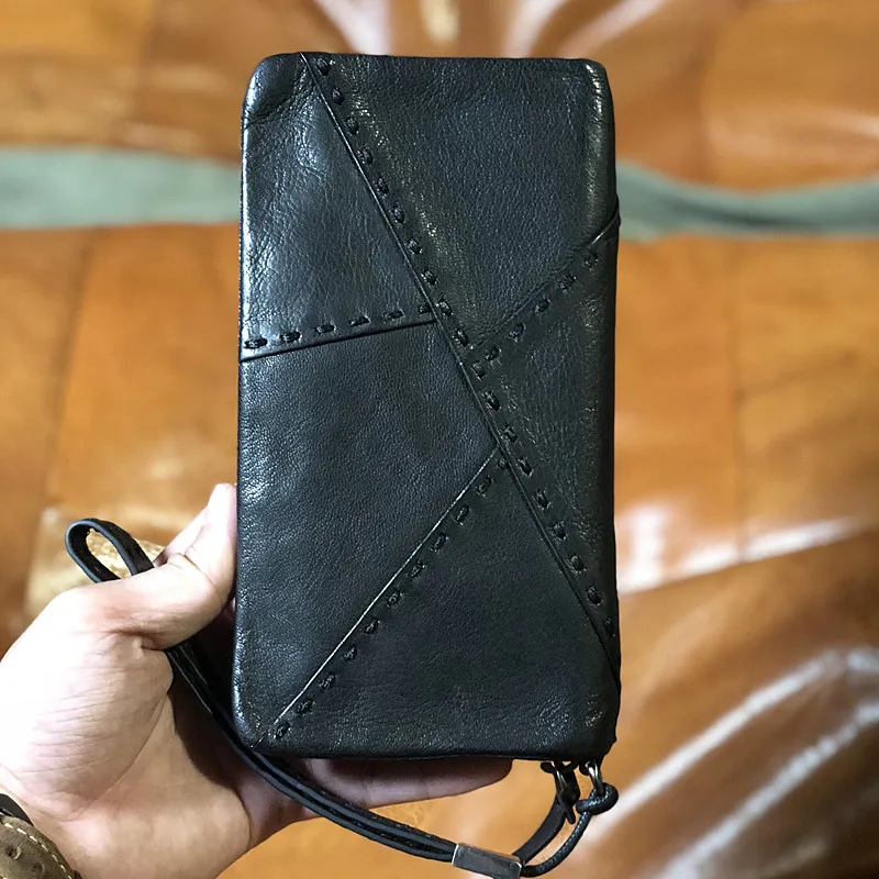 Retro fashion luxury first layer cowhide men's black stitching long wallet Minimalist business card holder card hand Clutch bag