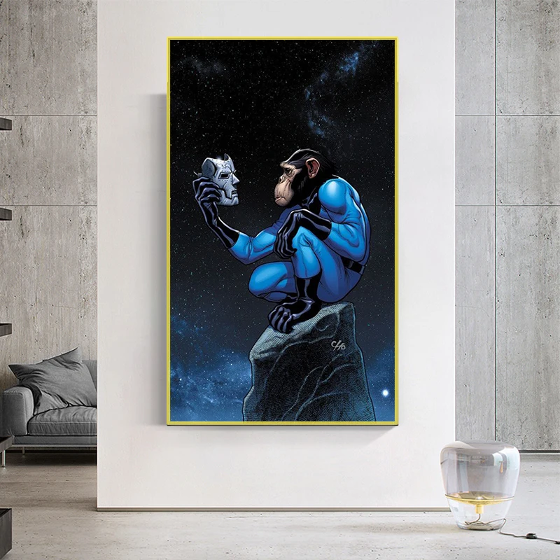 Обезьянка и искусство, живопись, мудрые животные, стены, искусство, картины для гостиной, домашний декор, квадраты