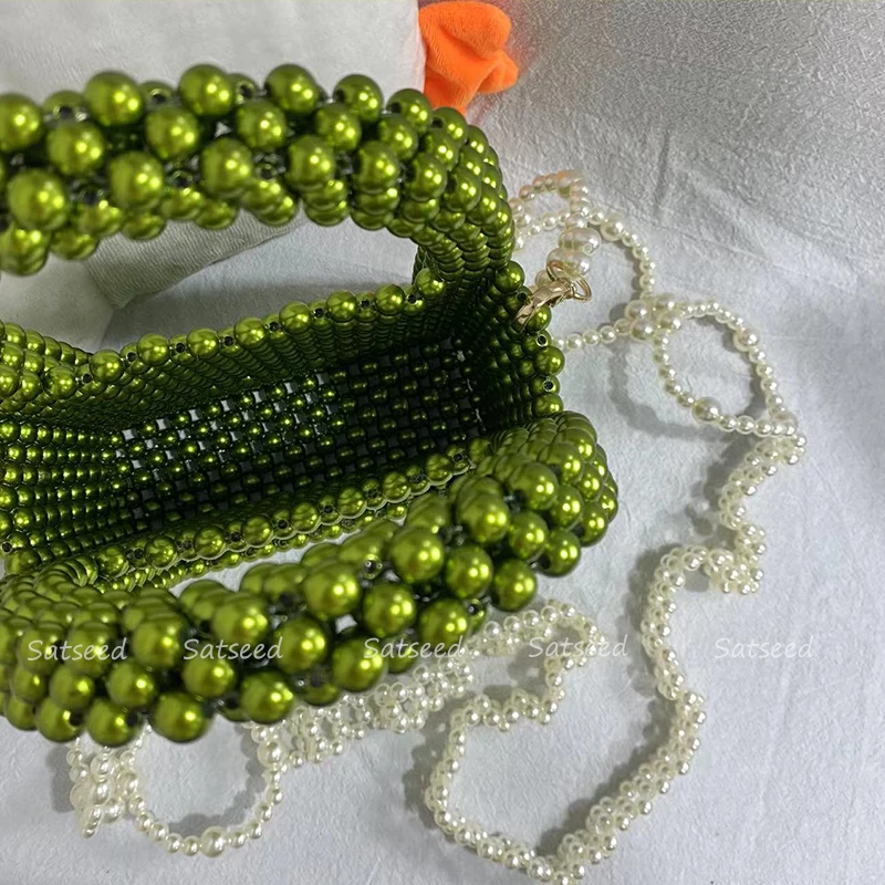 Fashion Design Green Beaded Handmade Women Top-Handle Summer Shoulder Messenger Bag Beach Party Evening Clutch Handbag Purses