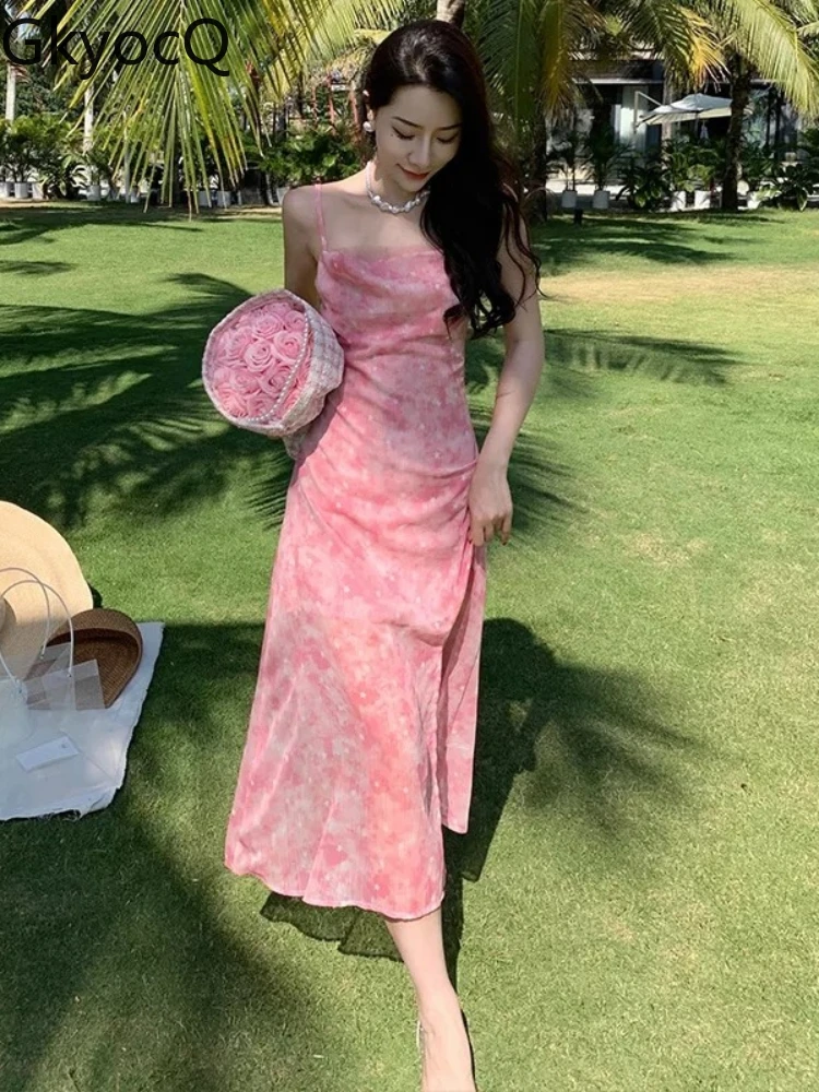 

Женское облегающее платье на бретельках GkyocQ, розовое элегантное платье с цветочным принтом, без рукавов, корейская мода, лето 2022