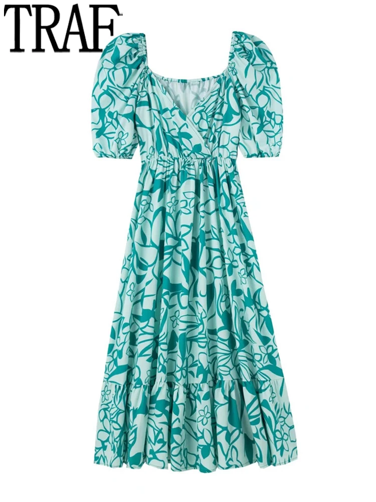 

TRAF Print Pleated Dress Woman Ruffle Long Dress Women Summer Evening Party Dresses for Women 2022 Puff Sleeve Midi Female Dress