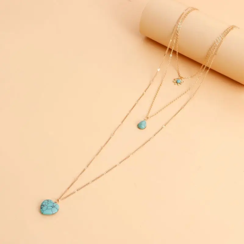 Многослойные Длинные ожерелья с бирюзовыми подвесками сердцем этнические