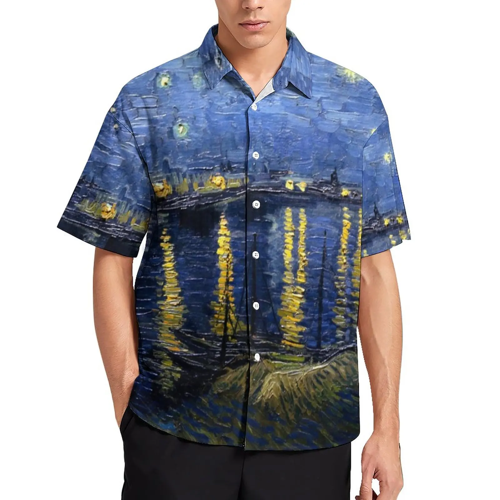 

Повседневная рубашка с принтом "Звездная ночь над Роном", Пляжная Свободная рубашка Ван Гога, Гавайские трендовые блузки, Топ большого разме...