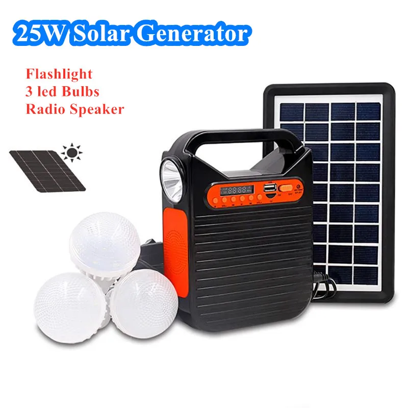 

25W Emergency Power Supply Solar Generator Solar Panel with Radio Speaker Flashlight 3 LED Bulbs Outdoor Portable Lighting