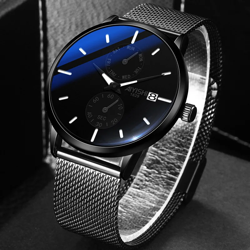 

New Mens Watches Luxury Sport Wrist Watch Unique Design Stainless Steel Auto Date Mesh Strap Men Fashion Casual Quartz Watches
