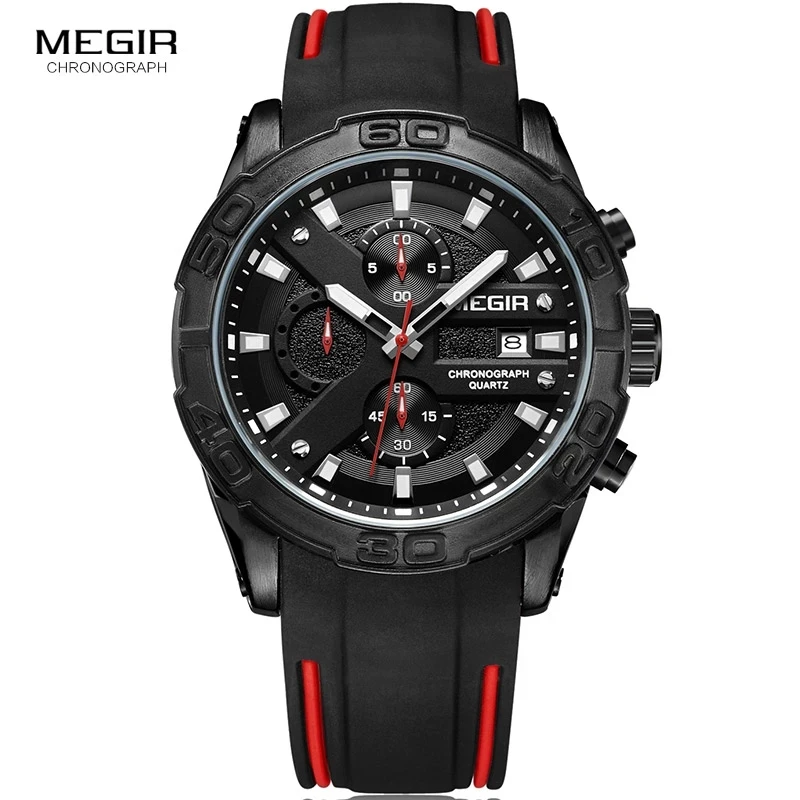 

MEGIR Men's Fashion Sports Quartz Watches Luminous Silicone Strap Chronograph Analogue Wrist Watch for Man Black Red 2055G-BK-1