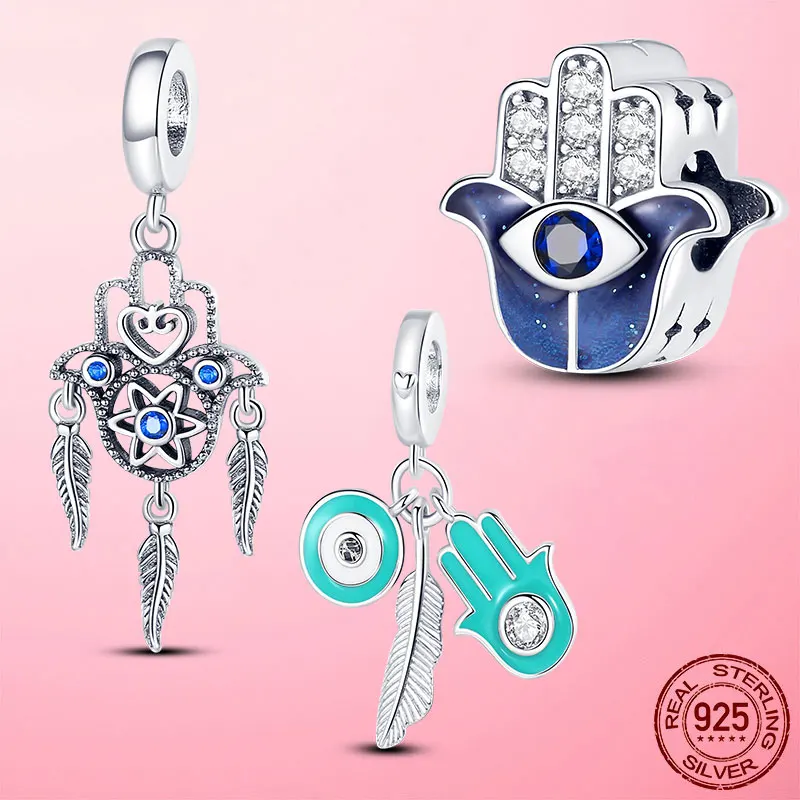 

925 Silver Eye Beads Hamsa Hand Fatima Hand Feather Charm Charms Fit Original Pandora Bracelet for Women Gift Jewelry