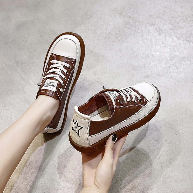 Loafer Shoes Woman Spring 2023 New First Layer Cowhide Low Top Little White Shoes Woman Vintage Soft Soled Student Single Shoes