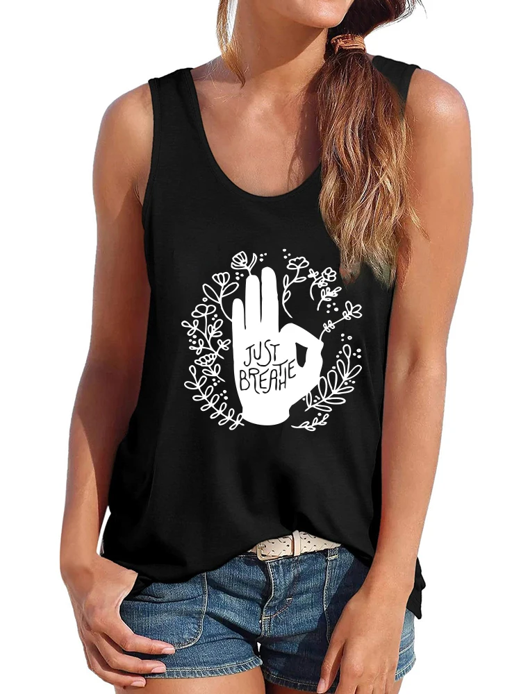 

202 New Just Breathe OK Print Funny Tank Tops Women Sleeveless Summer Loose Tank Top Women Tee Vest Camiseta Tirantes Mujer