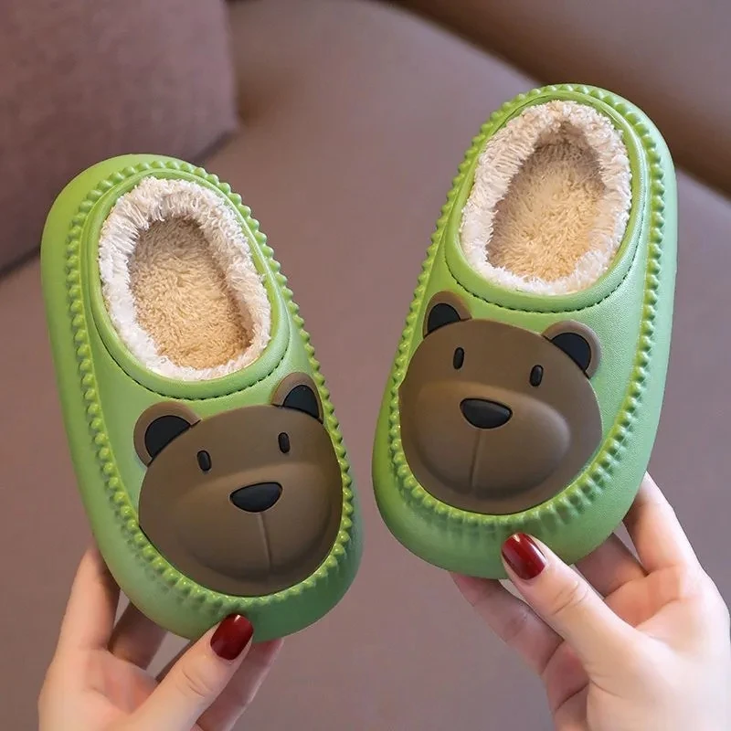 Kids Cotton Slippers Cute Bear Winter Warm Plush Baby Slippers Waterproof Light Anti-slip Toddler Furry Slides Child Slippers