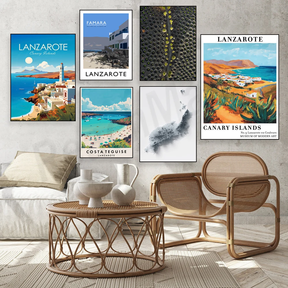 Фото Lanzarote, Испания, виноградники Timanfaya, пляж Famara, Канарские острова, Costa Teguise, принт туристического плаката карты Lanzarote №2
