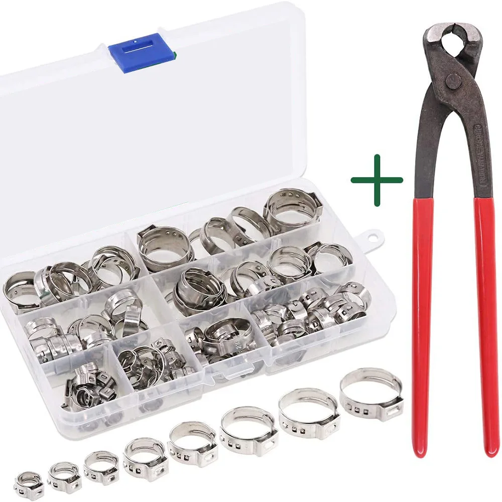 

80Pcs/1Set Hose Clamps Stainless Steel Ear Stepless Worm Drive Fuel Water Pipe Clamps + 1PC Hose Clip Clamp Pliers