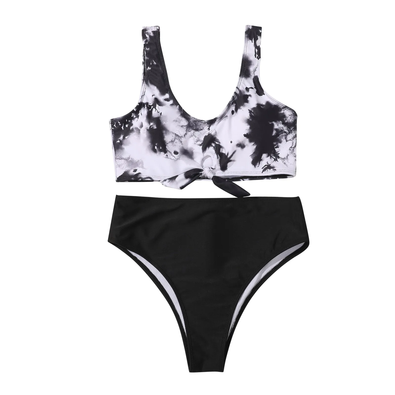 

Black Bikini Hollow Knotted Waist High Tie-Dye Top Sexy Women's Swimwears Tankinis Set Swimwears brazilian panties