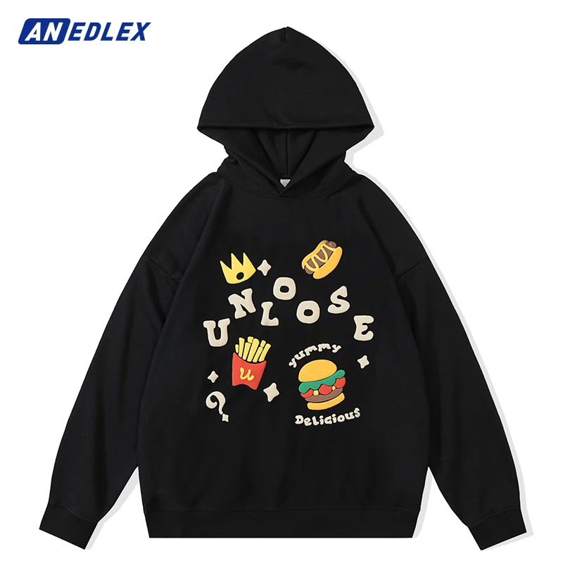 

Hip Hop Mens Vintage Hoodie Sweatshirt Streetwear Funny Cartoon Burger Graphic Hooded Autumn Harajuku Cotton Streetwear Pullover