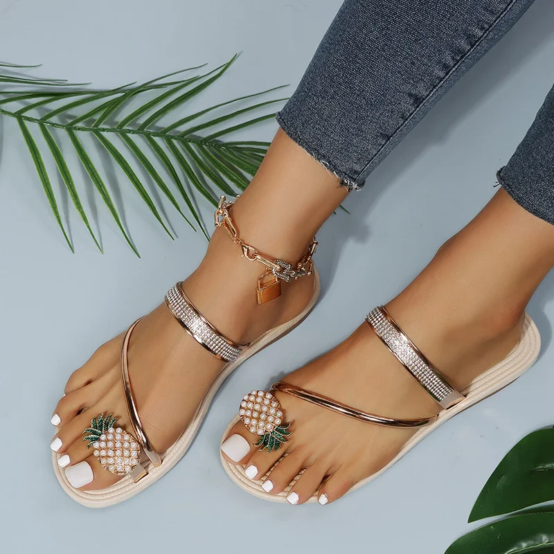Pineapple Decor Female Beach Slides Summer Bohemian Women Casual Clip Toe Slippers Rhinestone Sandalias Mujer Verano 2022