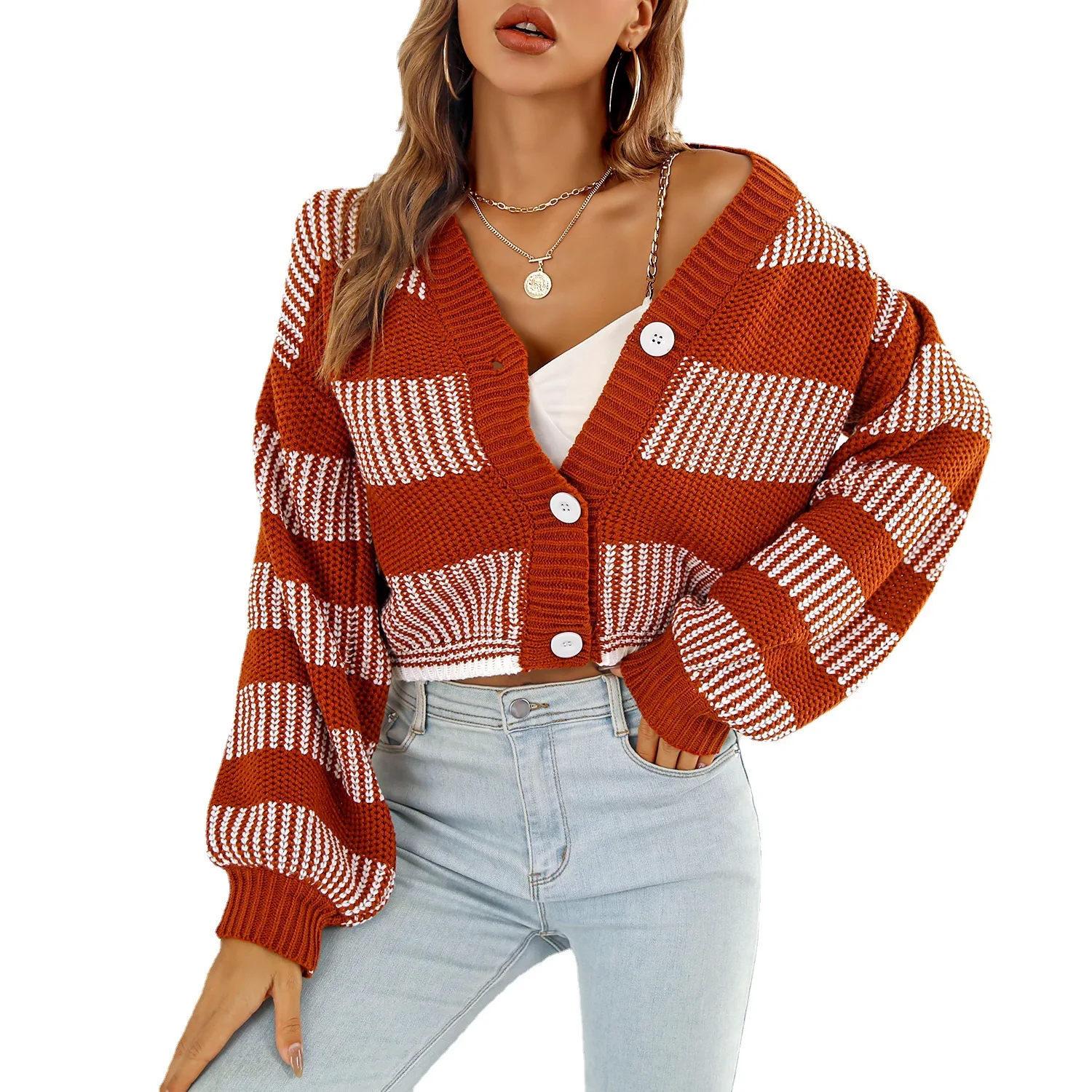 

Y2k clothes blusas de inverno feminina autumn and winter street style stripes hit color lantern sleeve cardigan sweater jacket