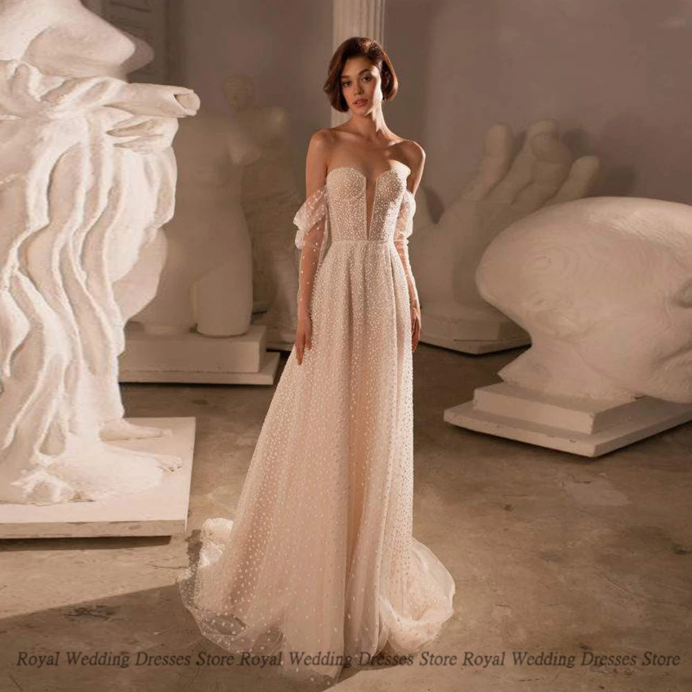 

High Quality A Line Wedding Dresses Puff Sleeve Draped Open Beading Back Applique V Neck Floor Length Print Gowns Robe De Ma