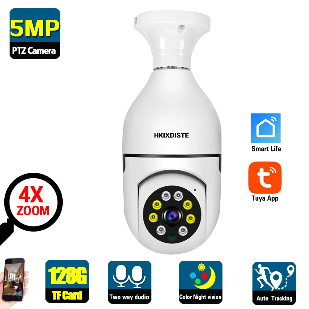 

5MP Tuya Smart Life Wifi PTZ IP Camera Indoor Mini Light Bulb Security Cam Auto Tracking Wireless CCTV Camera Video Surveillance