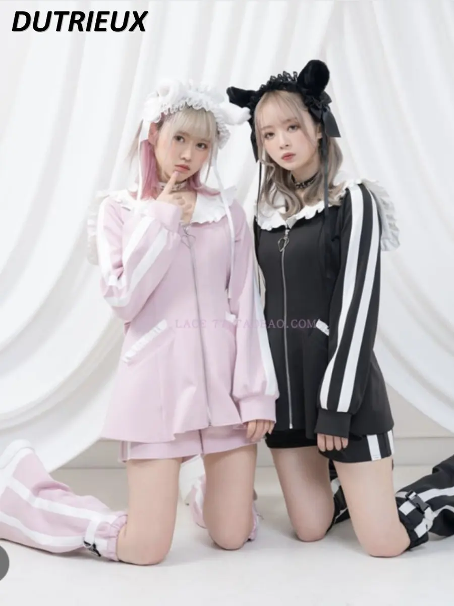 

Preppy Girly Style Sailor Collar Bow Slim Waist Hoodeis Coat Zipper Cardigan Sweet Lolita Japanese Leisure Shorts Two-Piece Sets