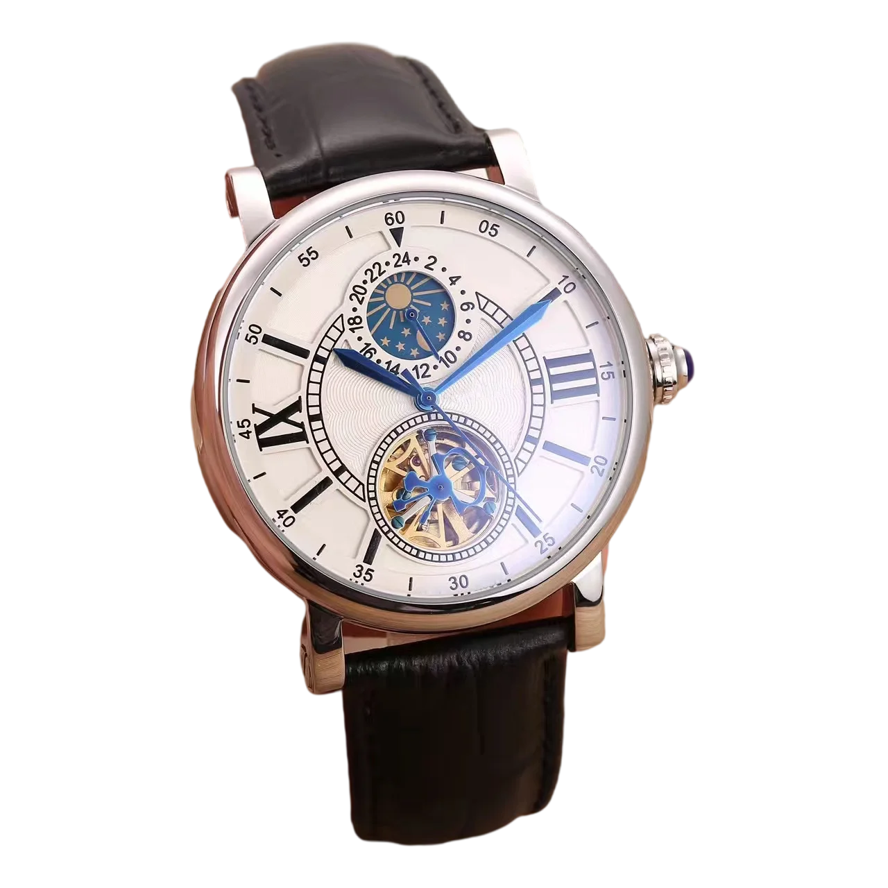 

mens mechanical watch automatic Tourbillon Moon Phase Black Blue Leather