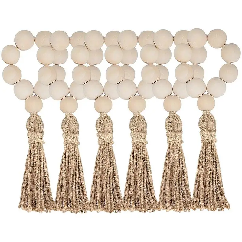 

Handmade Natural Wooden Beads Napkin Rings Jute Tassels Napkin Holders For Country Wedding Party Dining Table Decor