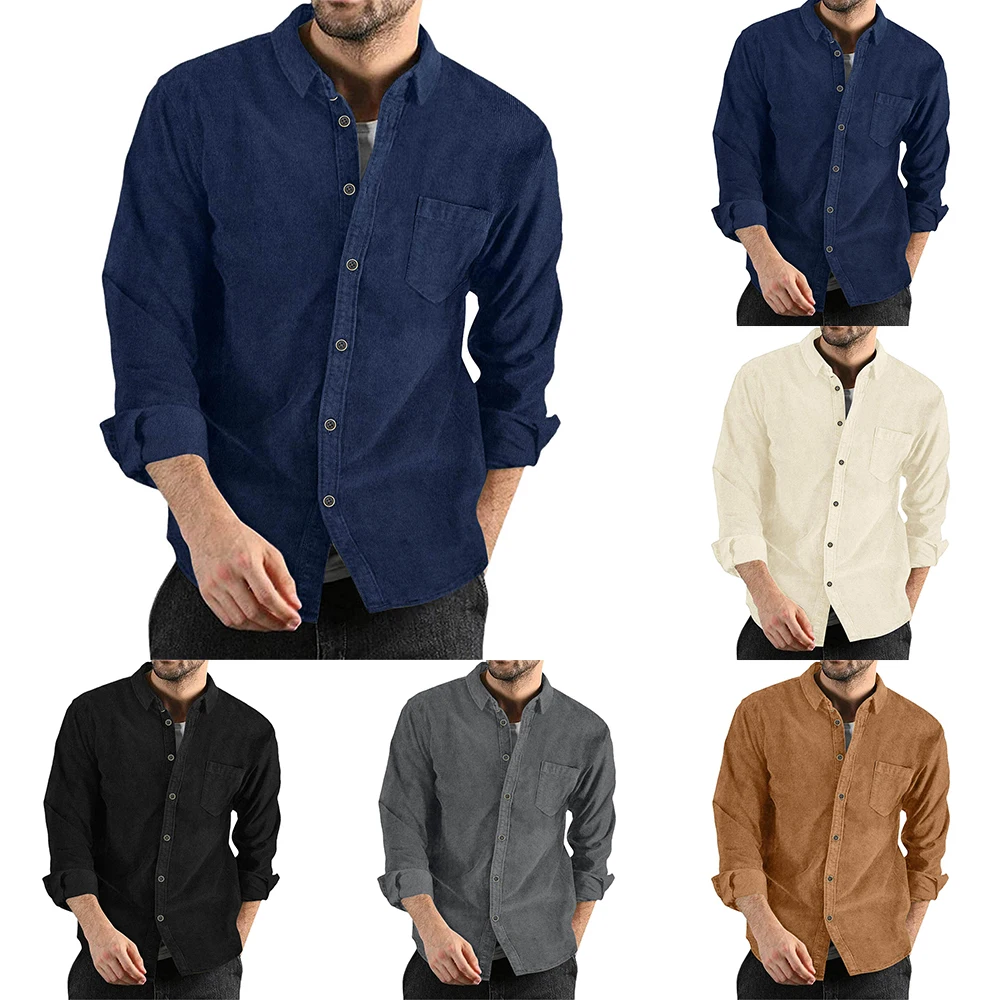 Men Winter Thick Casual Shirts Corduroy Shirt Collar Long Sleeve Jacket Top Coat Thermal Warm Shirt 6 Colors