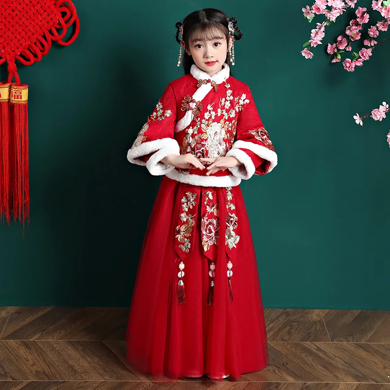 

Winter Girls Hanfu Thickened Dresses Chinese Style Red Princess Dress Costume Super Fairy Children's Dress Floral Embroidery