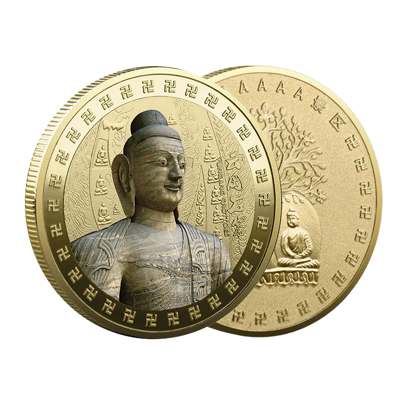 

45MM Colorful Chinese Coins Yungang Grottoes Statue Commemorative Metal Coin Buddha Sitting Statue Collection Souvenir