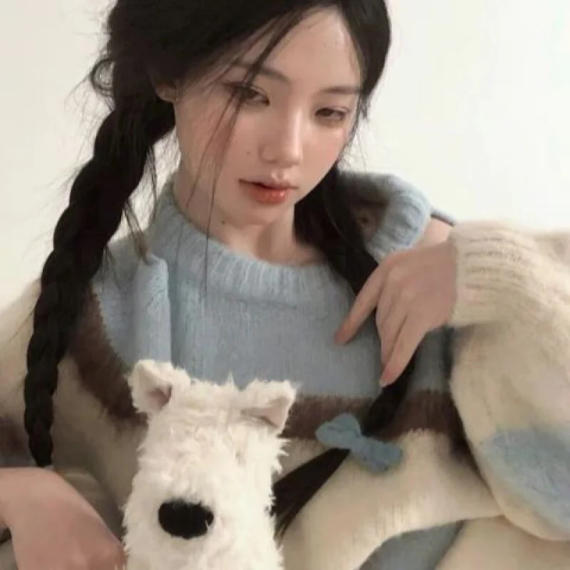 

Полосатый свитер для студенток, осенне-зимний новый свободный нишевый свитер в стиле холостого хода