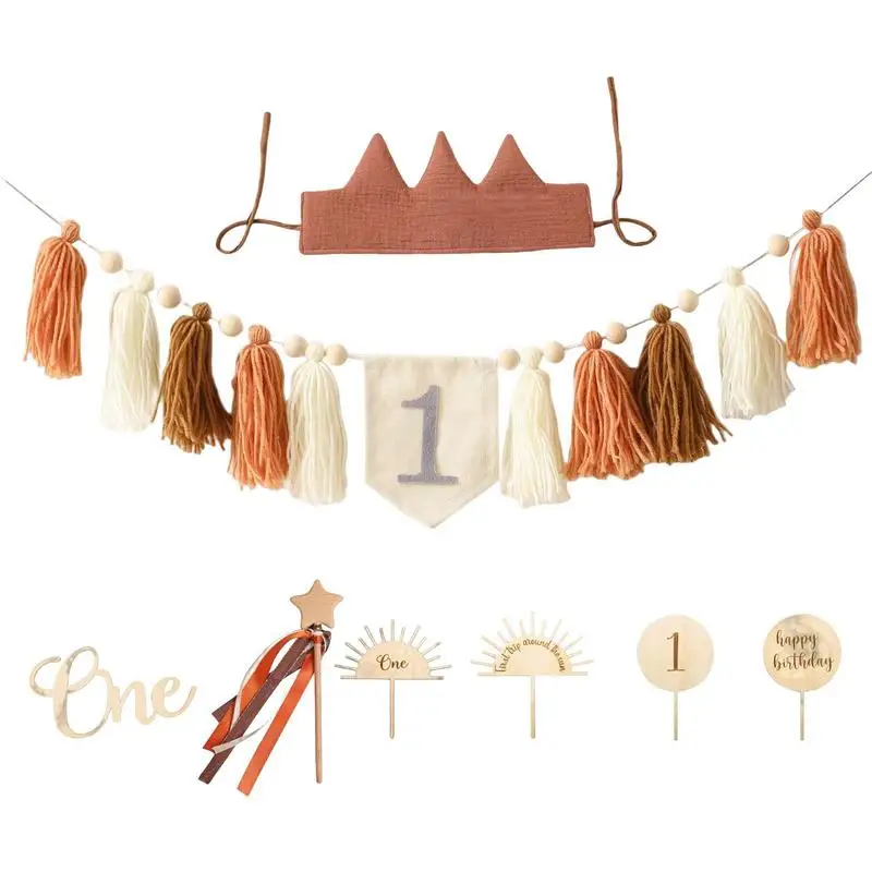 

First Birthday High Chair Banner Tulle Garland Party Theme Pull Flag For First Birthday Tassel Banner Pull Flag Cake Decoration