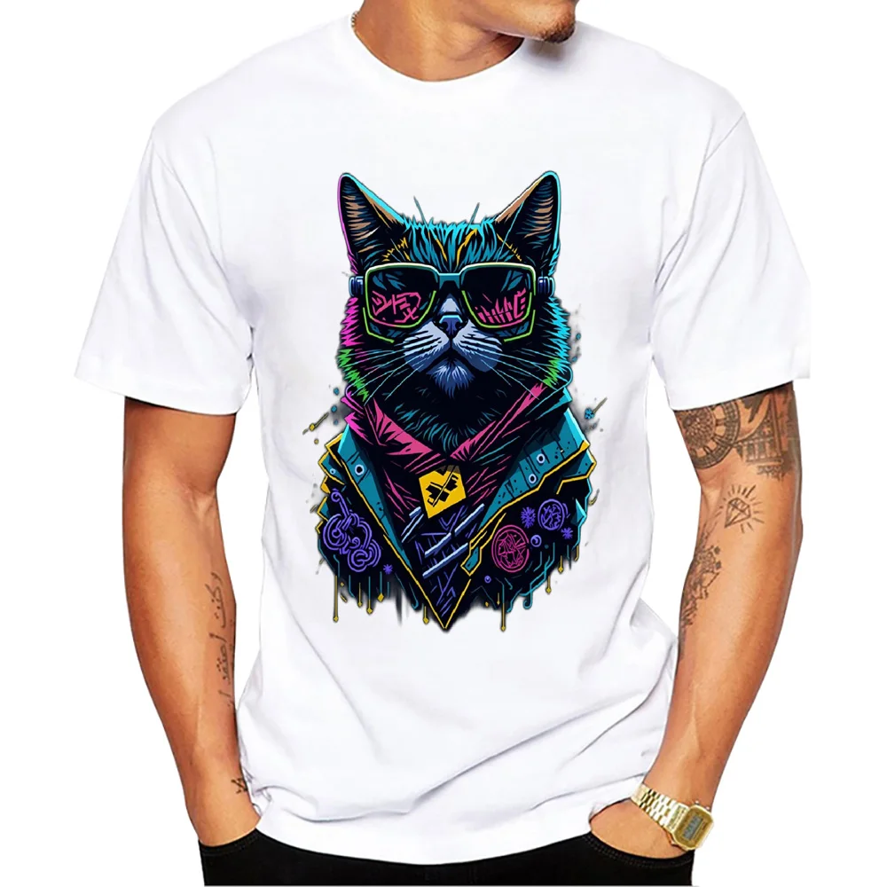 Teehub Vintage coole Katze Herren Tops Katze mit Sonnenbrille druck T-Shirt O-Ausschnitt Männer Kleidung Kurzarm männlich lässig Streetwear – Detail 5