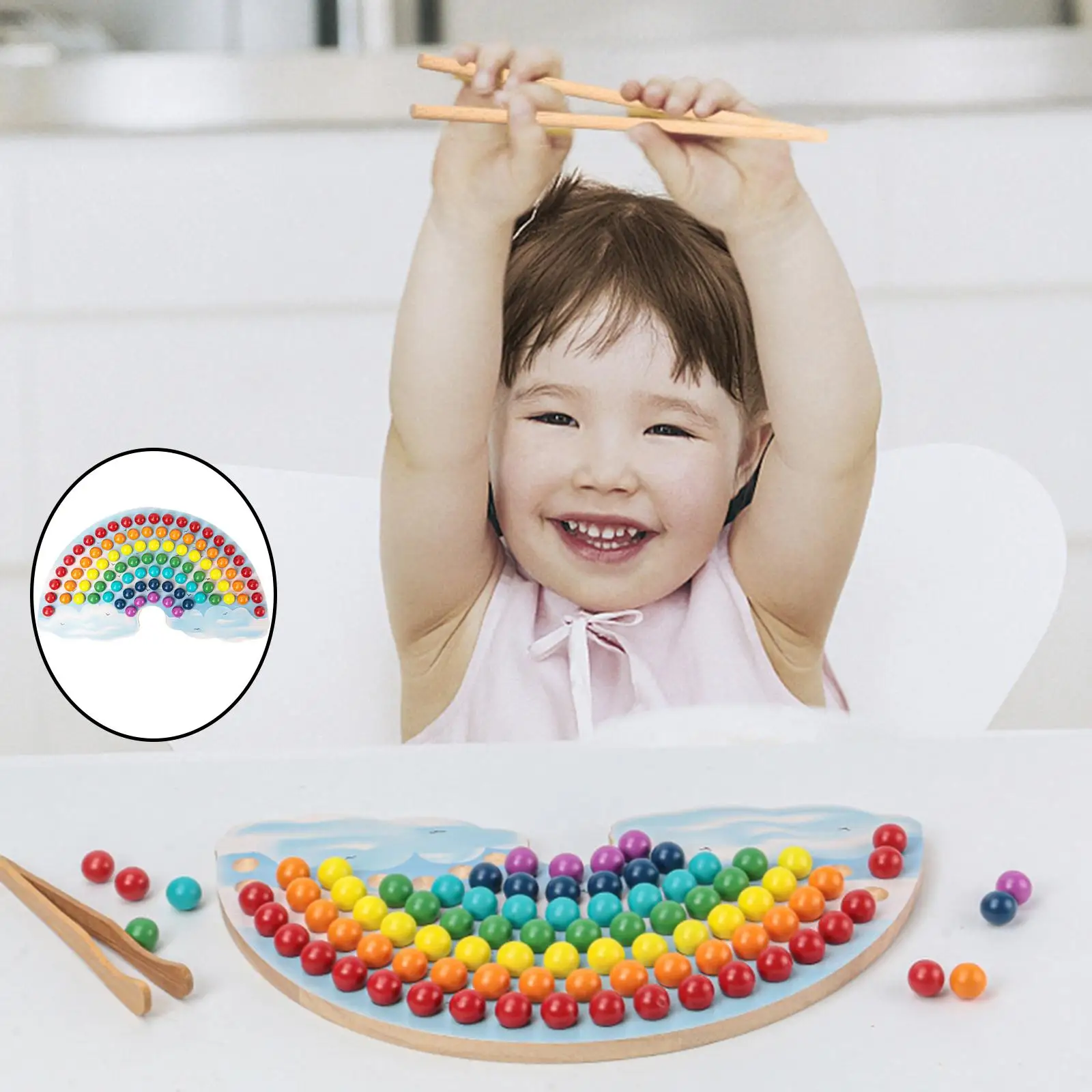 

Rainbow Wooden Bead Game Montessori Early Education Color Matching Toy