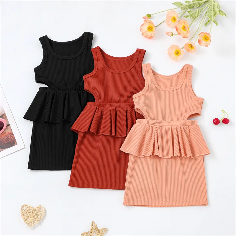 

Girl Fashion Bag Hips Show Waist Solid Color Simple Dress Summer New Sleveless Clothes Children Pink Casual Dresses Baby Clothes