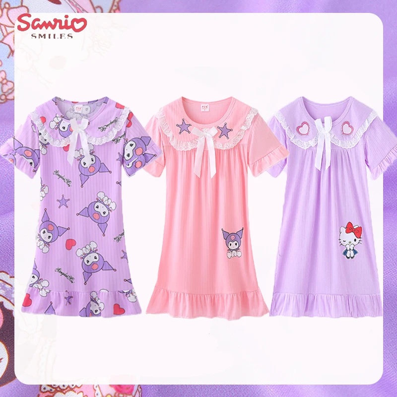 

Cartoon Anime Sanrio Cinnamoroll Kuromi Children Pajamas Kawaii Girls Summer Short-sleeved Pajamas Dress Home Clothing Kids Gift