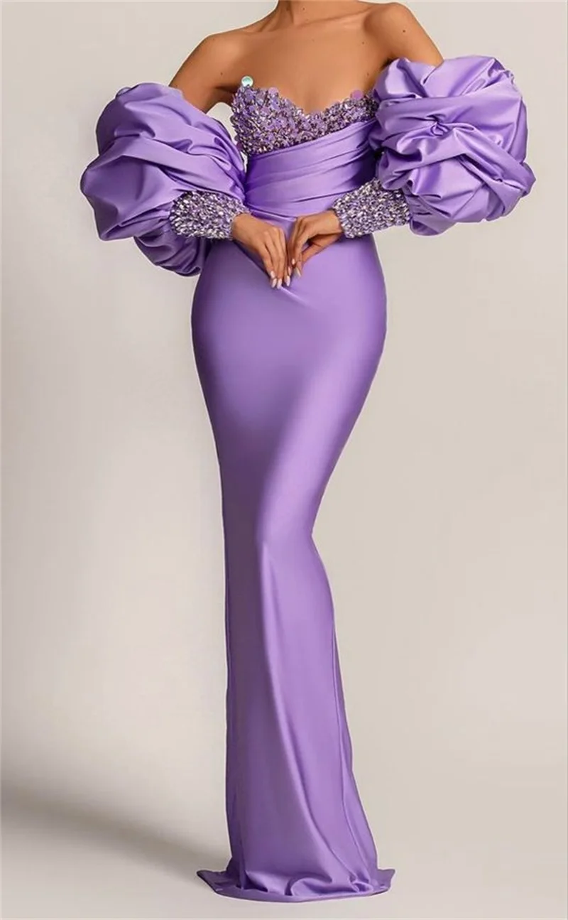 

Satin Crystal Sequins Prom Dress With Detachable Sleeves Sweetheart Neck Evening Gown Lilac Mermaid Custom Made Robes De Mariée