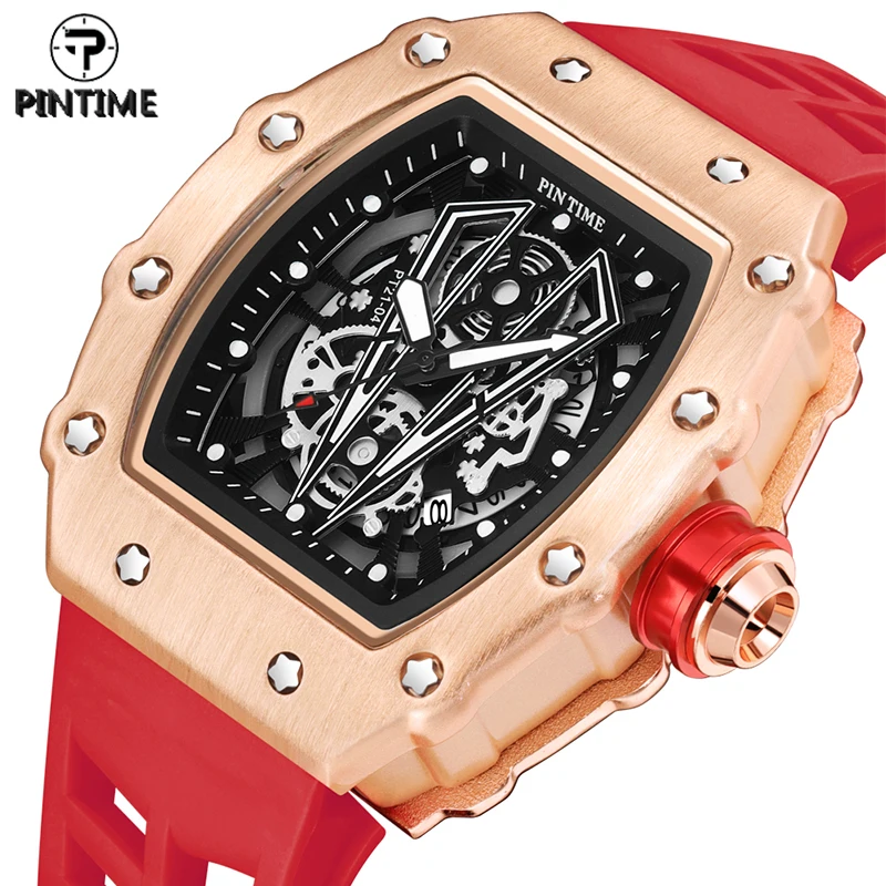 

PINTIME Quartz Watch Men Luxury Chronograph Hip Hop Watches Military Cool Man Mens Wrist Watch Clock Male Red Gold Wristwatch