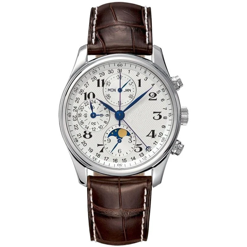 

classic Moon Phase Automatic Mechanical Watch white dial brown leather