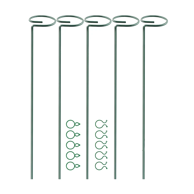

Plant Support Stakes,5Pack Garden Support Metal Single Stem Support Stick With 10Pcs Plant Clips Plant Cage Support Ring