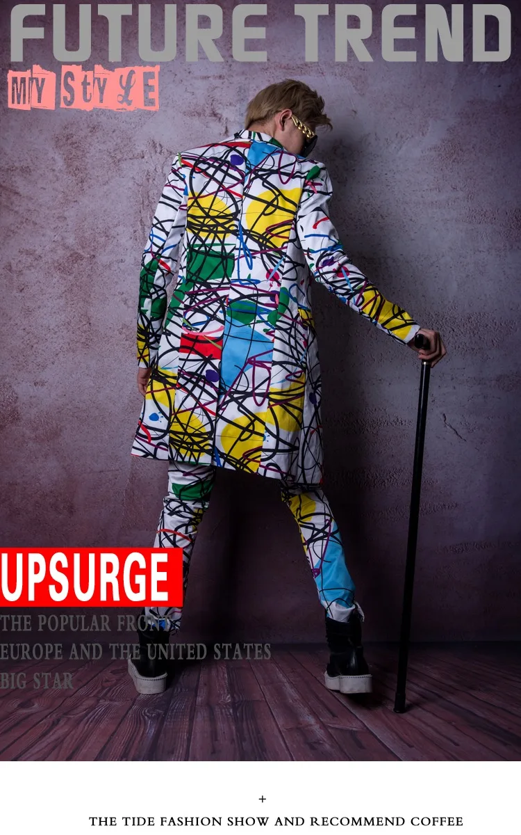 Мужской длинный пиджак с граффити модный костюм принтом в стиле хип-хоп для