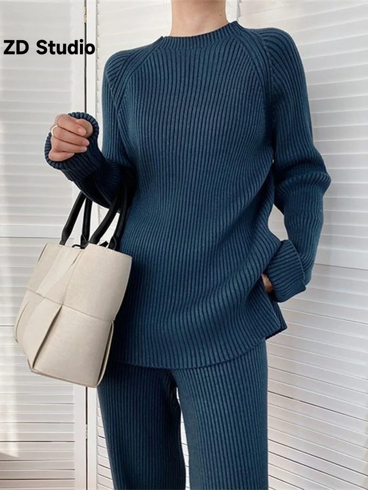 

[ZD Studio] 2 Pieces Knitted Sets Female Solid Color Sweater Pullover Matching Wide Leg Pants 2023 Autumn Winter New Clothes