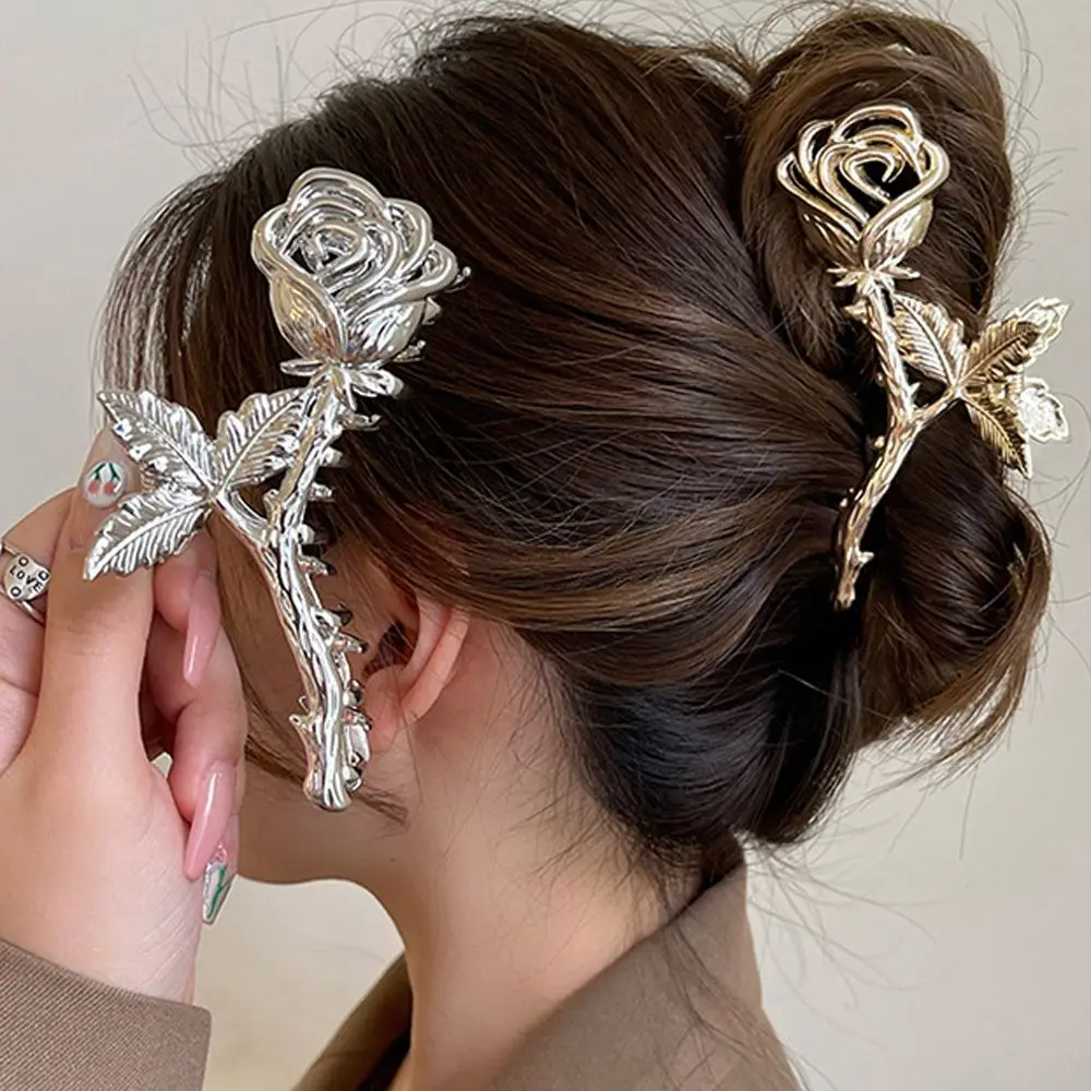 

Trendy Temperament Rose Flower Hair Claw Elegant Back Of Head Large Shark Clip for Female Hair Accessories