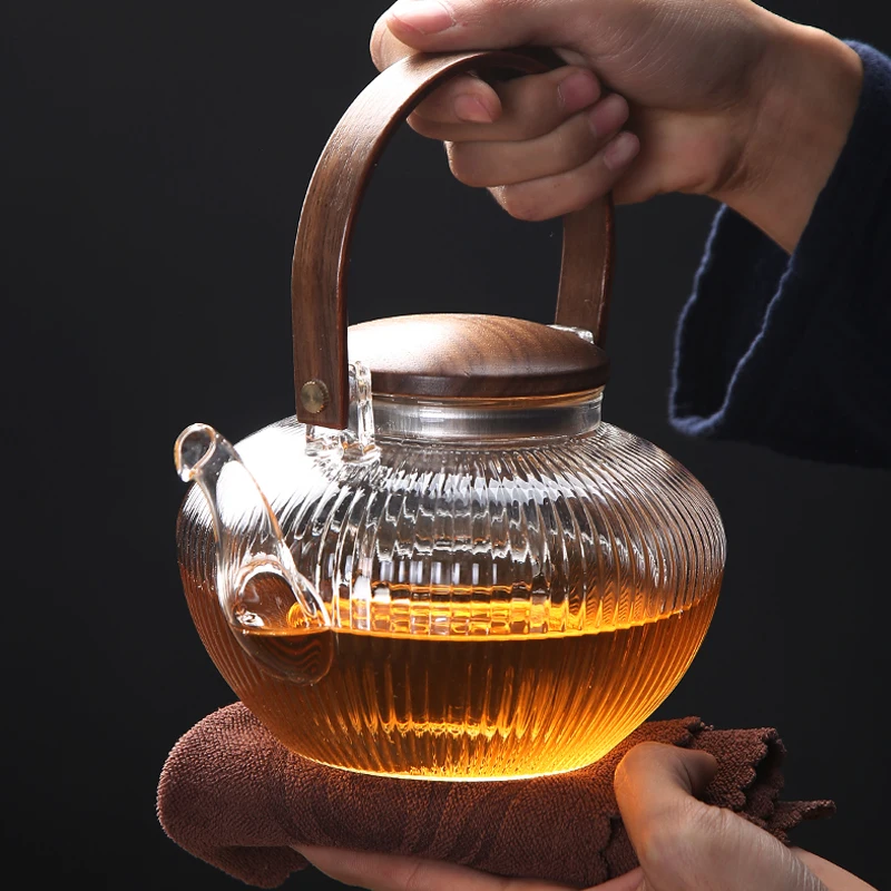 

Large-capacity Wooden Handle Glass Kettle High Temperature Resistant Filter Teapot 2021 Office Home Kitchen Accessories