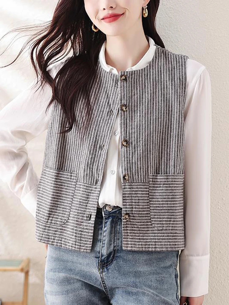 Новинка 2024 модный весенне-осенний полосатый Повседневный жилет из хлопка и льна