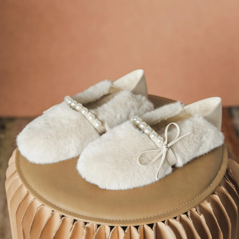 

2023 Spring and Autumn New Fashion Round Head Pearl Bow Hair Fairy Style Women Shoes Plush Comfort Flat Shoes Women's