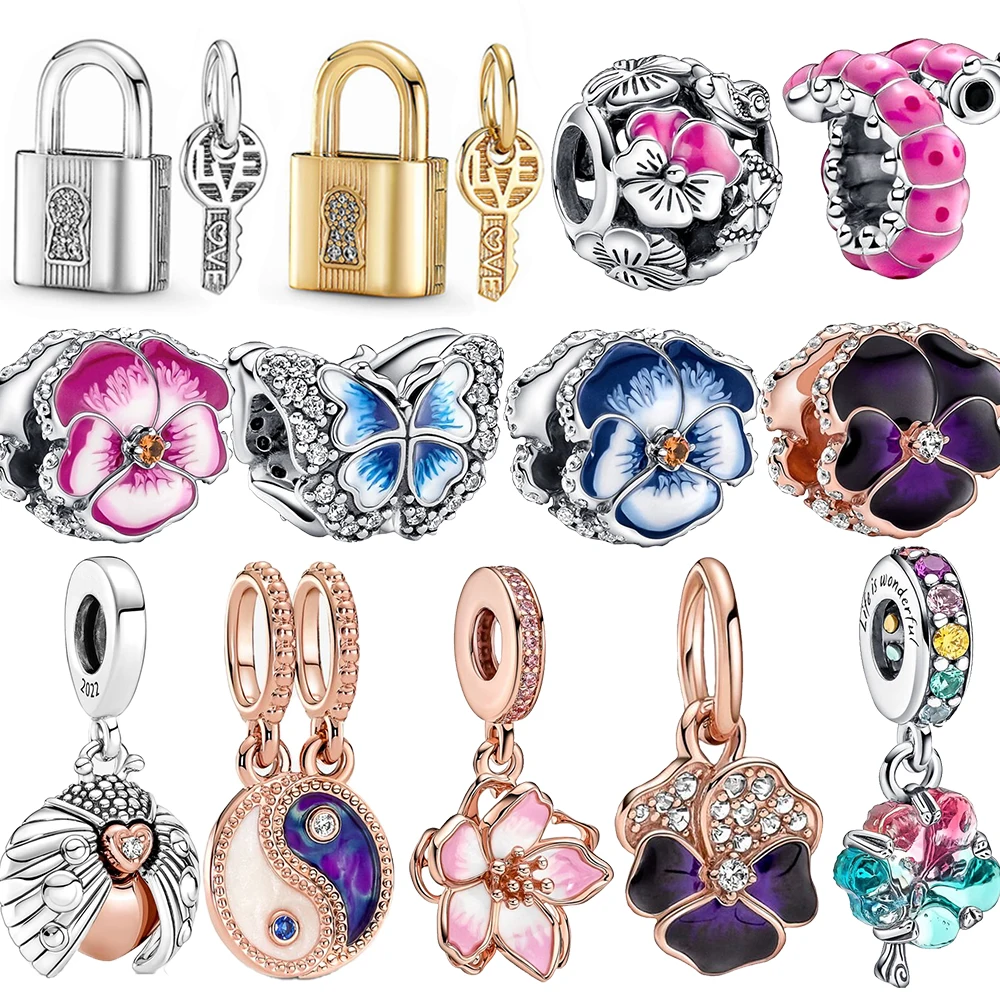 

New 2022 Ladybug and Heart Padlock Key Charm Fit Original pandora Bracelet S925 Sterling Silver Charm DIY Girl Pendant Gift